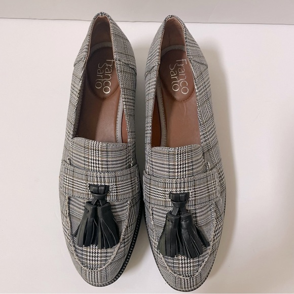 Franco Sarto Black and Gray Plaid Tassel Loafers - Picture 3 of 11